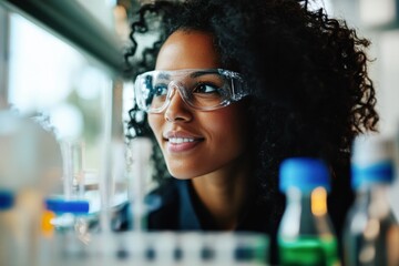 smiling female scientist african american woman wearing safety glasses in a research lab