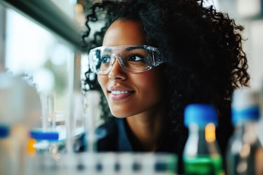 smiling female scientist african american woman wearing safety glasses in a research lab