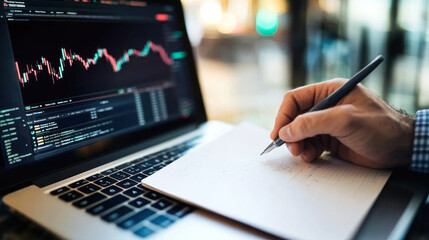 Hand writing while analyzing stock market on laptop