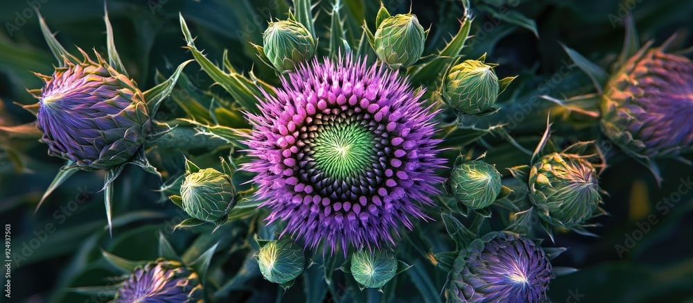 Poster a purple thistle flower encircled by buds blossoms in a green summer meadow. with copy space image. 