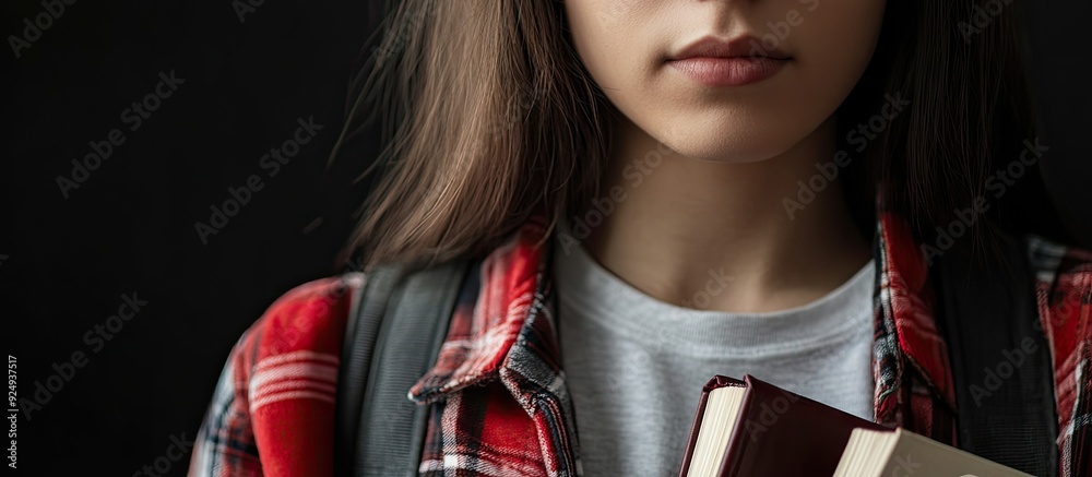 Poster Close up of a female student with books. with copy space image. Place for adding text or design