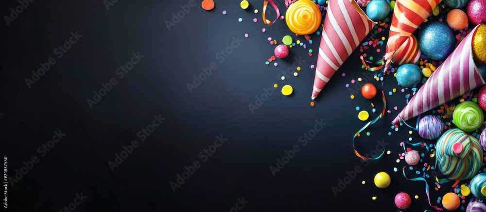 Poster Party background image featuring party hats streamers and colorful candies captured with copy space