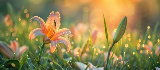 Lily flower on the grass in the early morning Blooms at dawn. with copy space image. Place for adding text or design