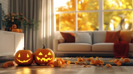 Obraz premium Homey living room in Halloween and autumn time wallpaper decorate by pumpkins.