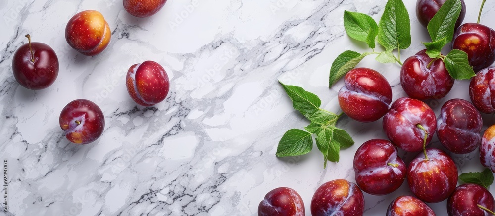 Poster Delicious ripe plums on a white marble table top view Area for text. with copy space image. Place for adding text or design