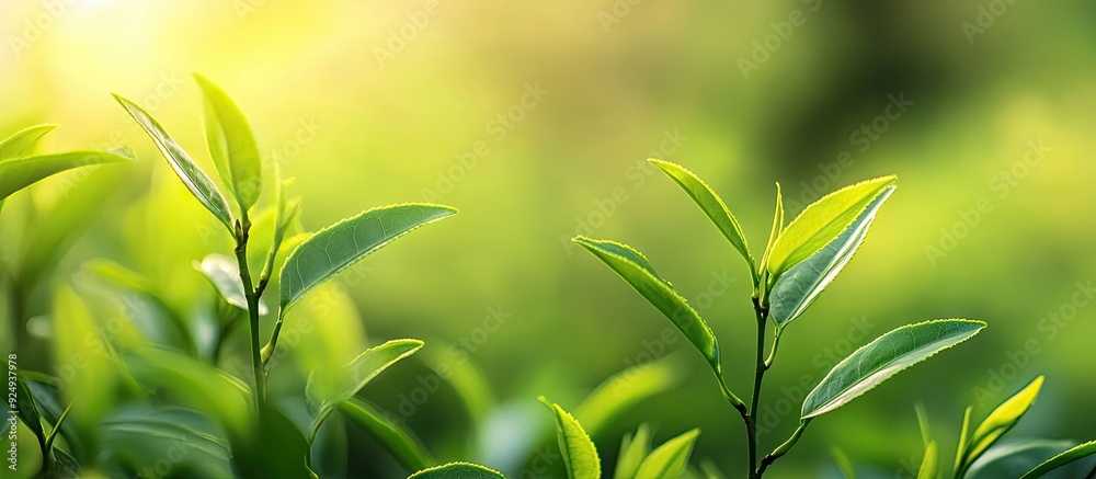 Leinwandbilder Blurred backdrop of young tea tree leaves on a sunny day. with copy space image. Place for adding text or design