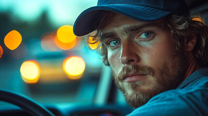 Blurred city lights with driver in cap behind the wheel