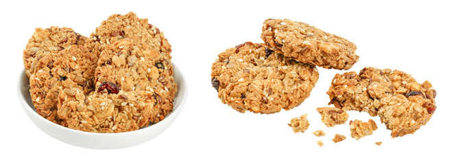 Granola cookie in ceramic bowl isolated on white background with full depth of field