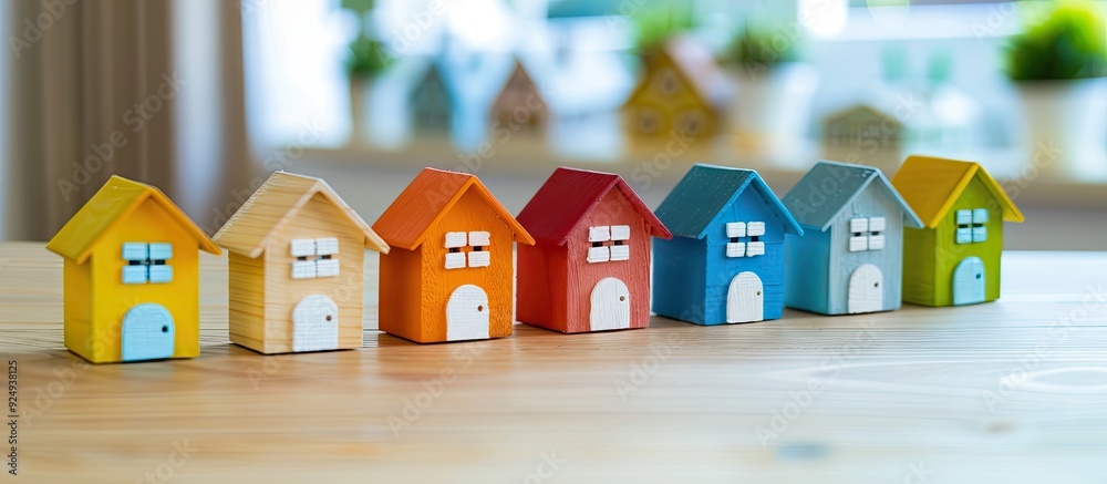 Aufkleber groups of toy houses in two different colors placed on a table against a white background themes lik