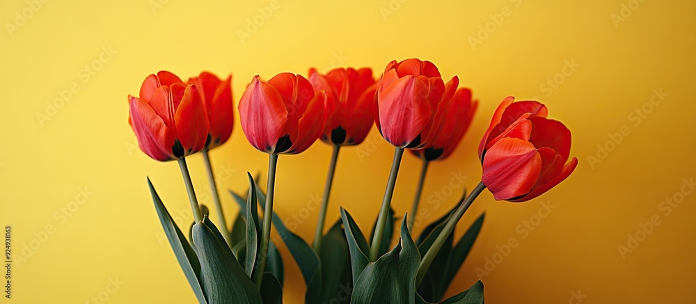 Leinwandbilder red tulips against a yellow background. with copy space image. place for adding text or design