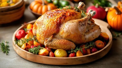 A festive roasted chicken on a harvestthemed table, seasonal vegetables, rustic setting, natural light, warm colors, autumninspired