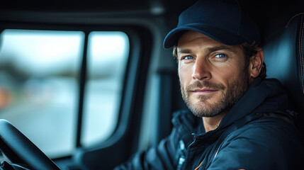 Man in a hat driving truck with focused expression.