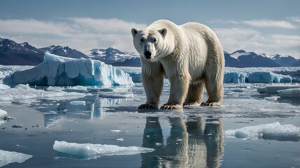 A powerful image of a melting glacier with a polar bear on a shrinking ice floe, highlighting the impact of climate change