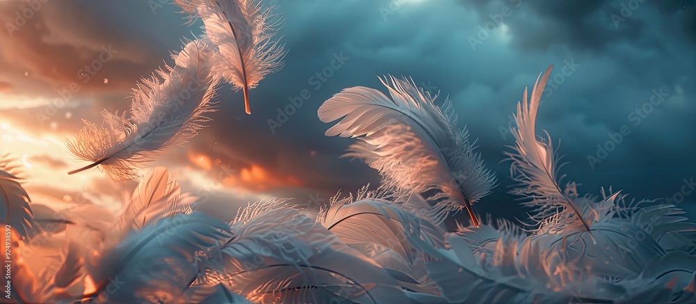 Poster dark romantic evening sky black fluffy clouds gentle pastel hues asymmetrical silhouette and feather