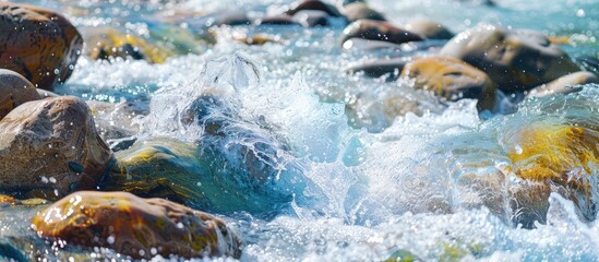 Fototapeta premium Close up of large boulders in a mountain creek Rapids of a swift river with copy space Foamy water current Quick flow near damp stones Background of clear water waves Natural texture of the shiny stre