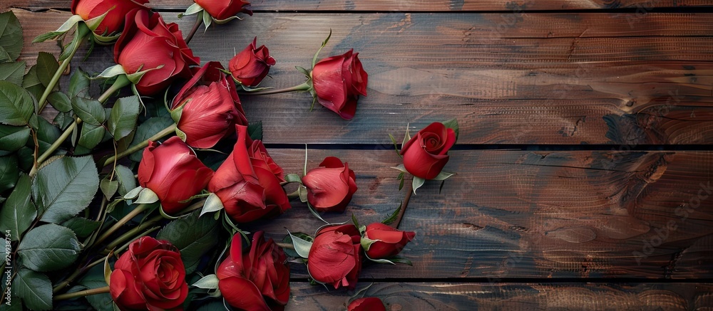Aufkleber red roses on a wooden surface Valentine s Day backdrop. with copy space image. Place for adding text or design
