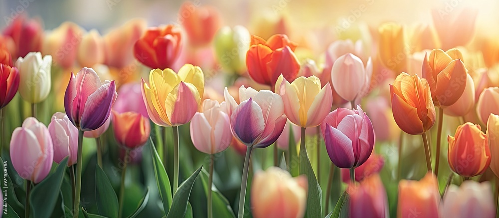 Poster Vibrant tulips bloom in spring creating a bokeh floral backdrop pastel and soft for a card with a selective focus A colorful tulip field is highlighted with selective focus Background of nature flowe
