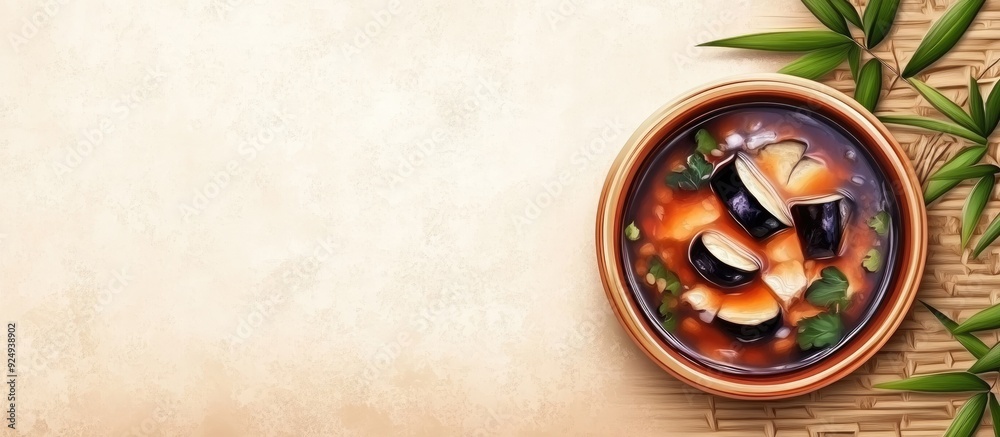 Poster japanese cuisine eggplant miso soup. with copy space image. place for adding text or design