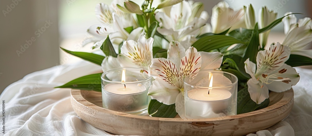 Poster white peruvian lilies alstroemerias on a wooden tray alongside a small white candle for a romantic a