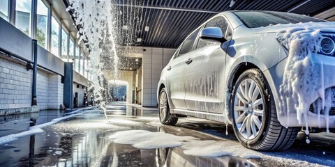 Fototapeta premium Foamy soap suds cascade down a sleek vehicle and puddle on the floor, evidence of a thorough cleaning at a self-service car wash station.