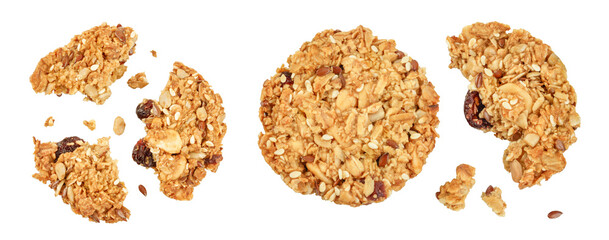 Granola cookie isolated on white background with full depth of field. Top view. Flat lay.