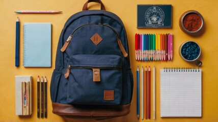 Flat lay of school essentials with books and pencils