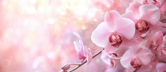 Naklejka na ściany i meble Delicate pink soft background featuring orchid flowers Floral greeting card spring concept Copy space