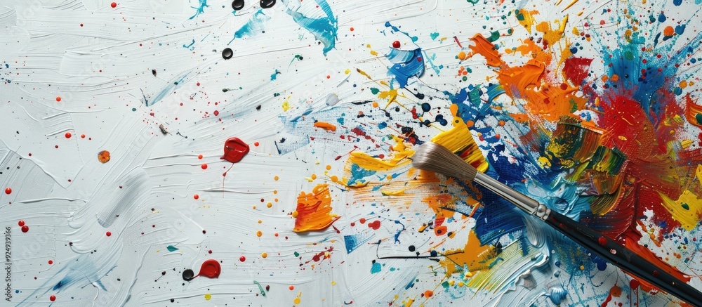 Poster art materials paint brushes canvas imaginative idea background with copyspace