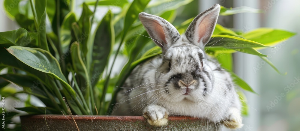 Poster adorable fluffy spotted bunny with gray and white fur resting next to a pot containing a green house