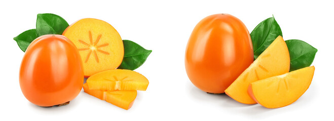 Persimmon fruit with leaves isolated on white background close-up