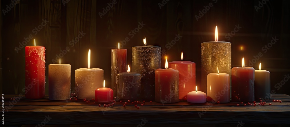 Wall mural lovely candles flickering against a dark backdrop. with copy space image. place for adding text or d