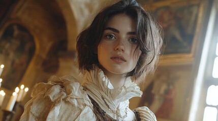 Edwardian dressed woman in candlelit interior scene