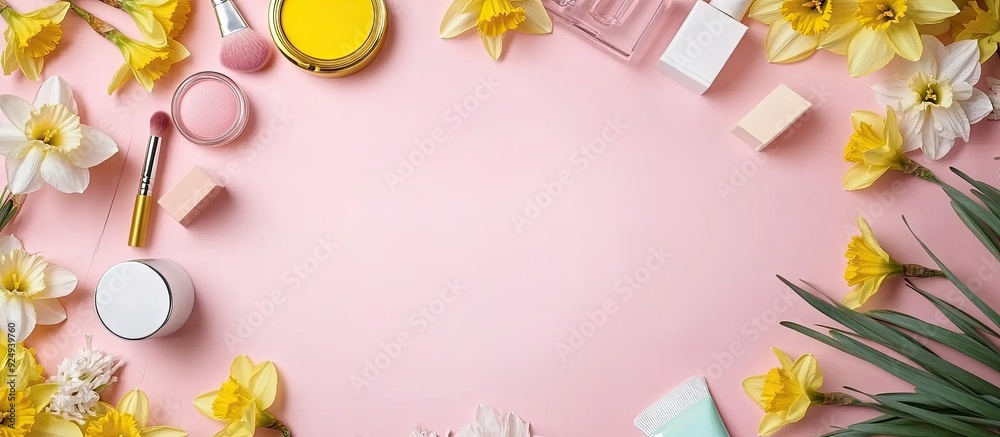 Aufkleber Blank card with a frame of various cosmetics and daffodils on a pink background. with copy space image. Place for adding text or design