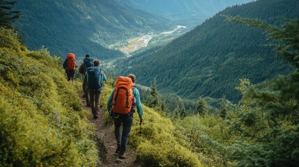 A group of friends hiking up a mountain trail, backpacks filled with supplies, the path winding through lush forests, and a breathtaking view of the valley below as they reach the summit