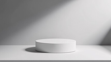 Fototapeta premium A minimalist, circular podium designed to elevate a single product. The podium features a smooth, matte finish that contrasts with the product's glossy surface. The product is positioned at the