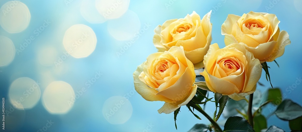 Fototapete Close up of yellow roses against a blue background with soft selective focus. with copy space image. Place for adding text or design