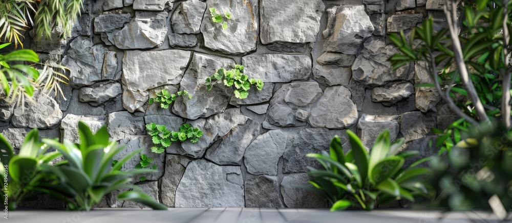 Poster Natural stone wall featuring plants in the background. with copy space image. Place for adding text or design
