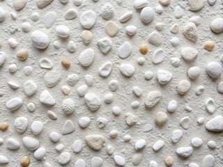 Simple white textured background featuring assorted small rocks of varied sizes and shapes, scattered randomly to create a clean and understated visual effect.