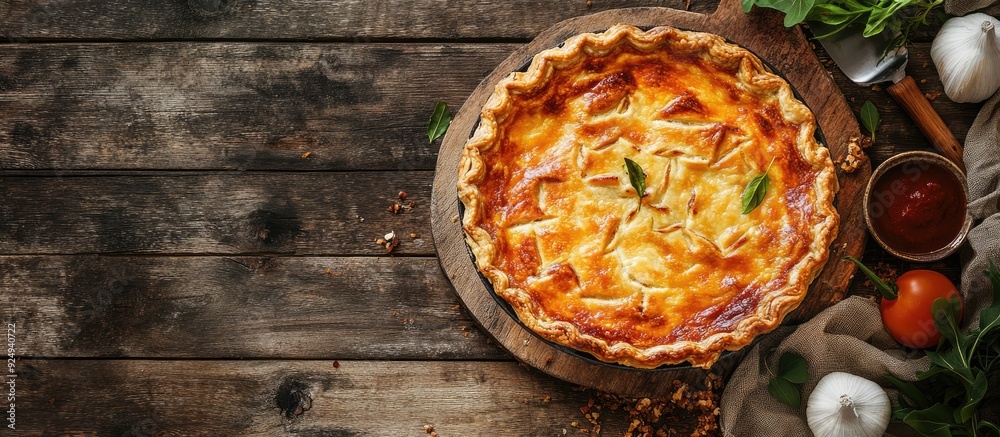 Aufkleber savory pie with cheese filling a fresh and healthy meal or snack option placed on the table with copyspace for a food background rustic top view