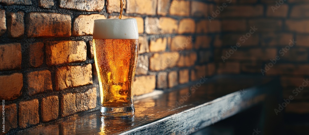 Poster Pouring beer into a pint against a stylish brick wall backdrop Fresh drinks and a pub atmosphere. with copy space image. Place for adding text or design