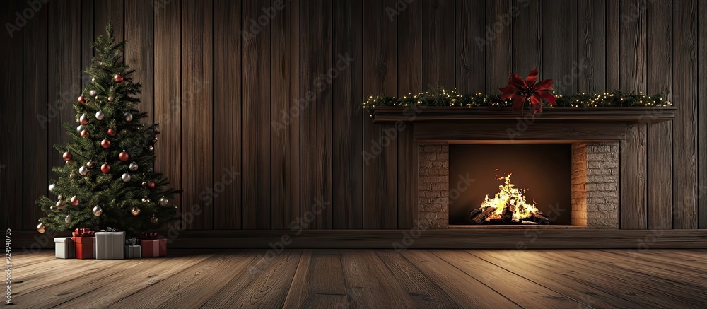 Aufkleber wooden desk Christmas tree and fireplace with a Christmas tree. with copy space image. Place for adding text or design