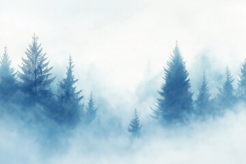 A misty winter forest with evergreen trees shrouded in fog, creating an eerie and mysterious atmosphere.