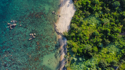 
A calm and beautiful beach with a forest next to it, in Vietnam, Asia, seen from above