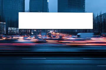 Blank Billboard With Blurred City Traffic At Night