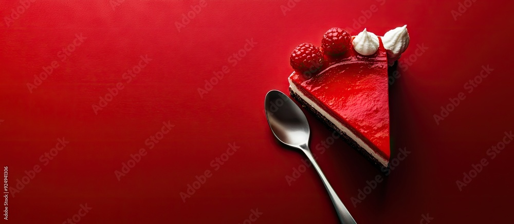 Fototapete red cheesecake and a piece on a spoon. with copy space image. place for adding text or design