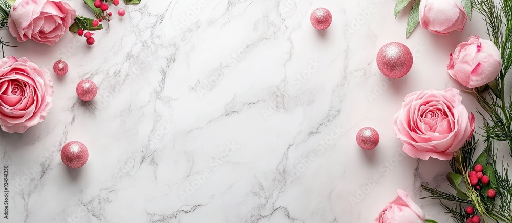 Poster Spring holiday theme with pink roses and decorations set against a white marble background. with copy space image. Place for adding text or design