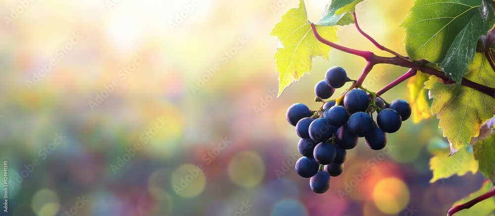 Aufkleber close up image of a vine branch featuring green leaves and a solitary dark blue ripe grape cluster i