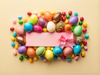 Obraz premium Vibrant Easter treats arrange on a beige background with a horizontal light pink banner, offering copyspace, surrounded by colorful candies and chocolate eggs in a trendy palette.