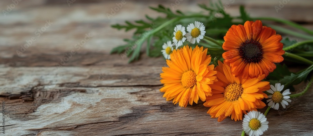 Aufkleber Close up of calendula chamomile and green twig on a wooden surface. with copy space image. Place for adding text or design