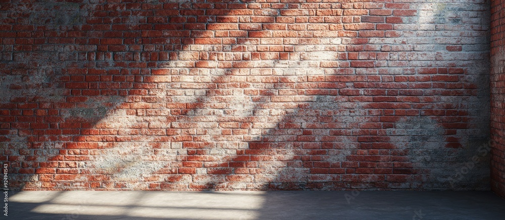 Poster Worn shabby chic red clay brick wall texture with random shadows falling on it. with copy space image. Place for adding text or design